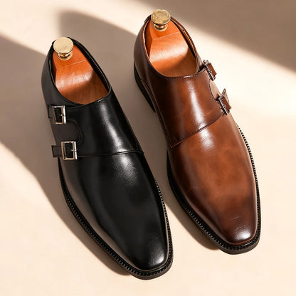 Men’s Retro Monk Strap Dress Shoes - Pointed Toe Leather Oxfords for Business, Office & Wedding
