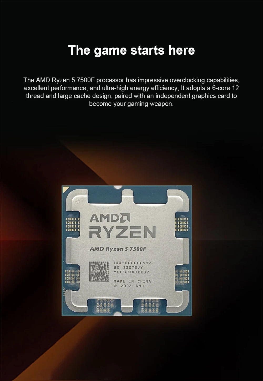 AMD Ryzen 5 7500F CPU - 6-Core, 12-Thread, 3.7GHz, 32MB L3 Cache, 5NM, Socket AM5 (Tray, No Cooler)