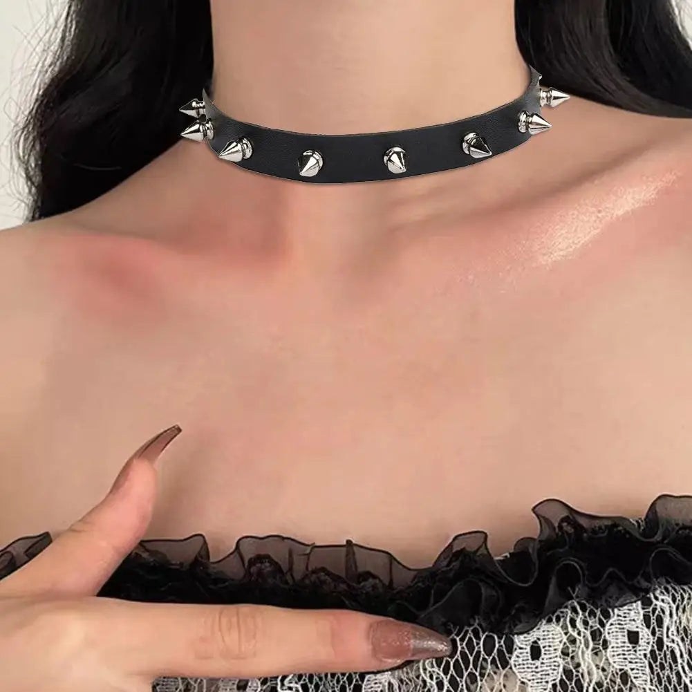 Black PU Leather Spike Choker Necklace – Studded Punk Gothic Biker Collar for Women & Men