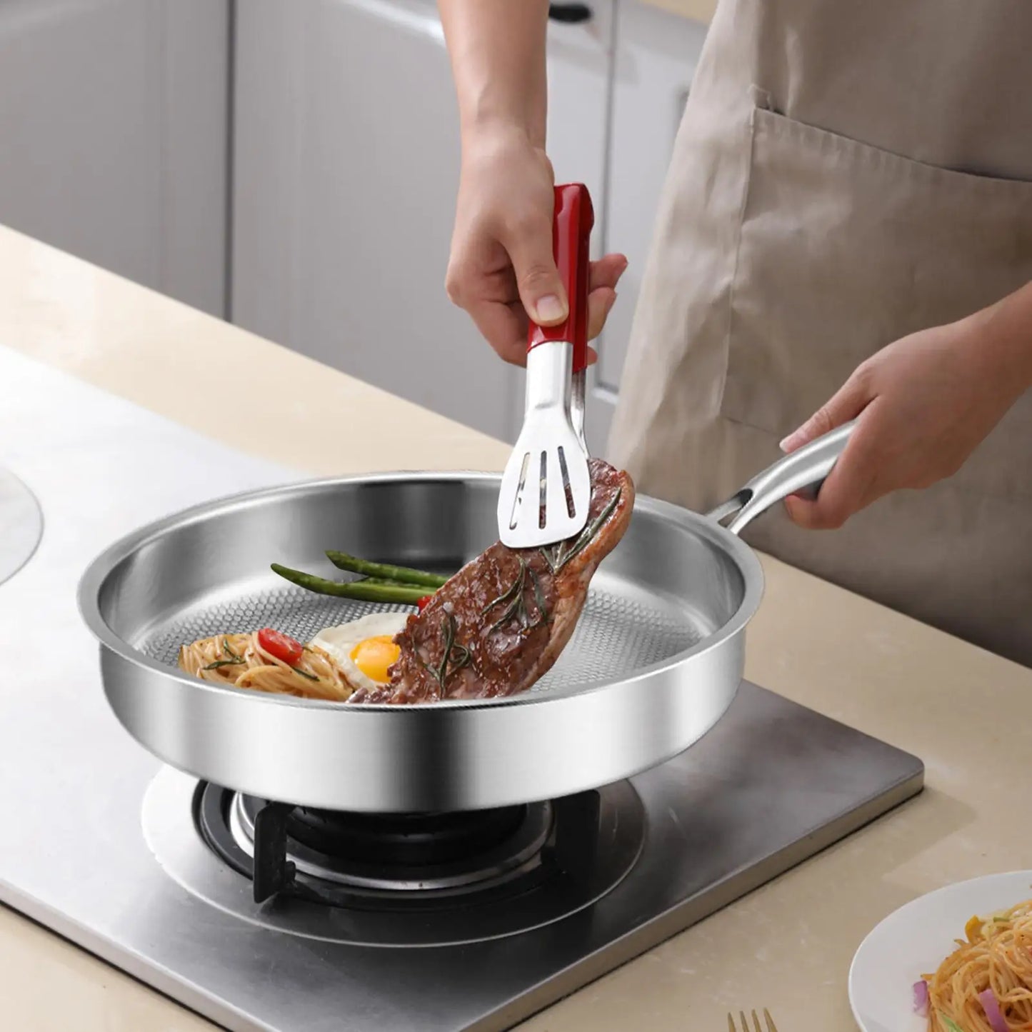 Titanium Frying Pan with Glass Lid - Non-Stick Even-Heating Stainless Steel Skillet for Kitchen Cooking, 26/28/30cm