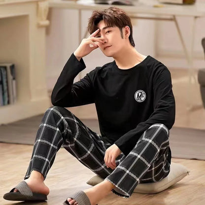 Men's Summer 2024 Long-Sleeve Pyjama Set — Black Plaid Two-Piece Home & Casual Wear, Large Size