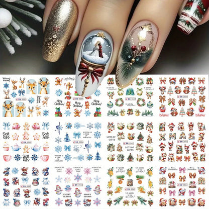 12 Christmas Nail Watermark Stickers – Gingerbread, Deer, Bow, Snowflake & Santa Designs