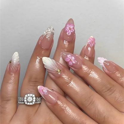 24PCS Pink Almond Press On Nails - Butterfly Ballet French Design Artificial Nail Tips for Stylish Nail Art