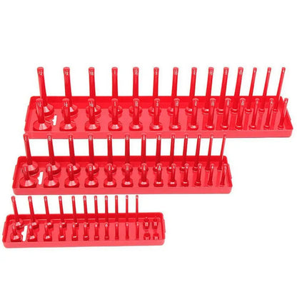 3PCS Socket Organizer Trays – Black/Red Holder for 1/2", 3/8", 1/4" Sockets, Garage & Home Tool Storage Rack
