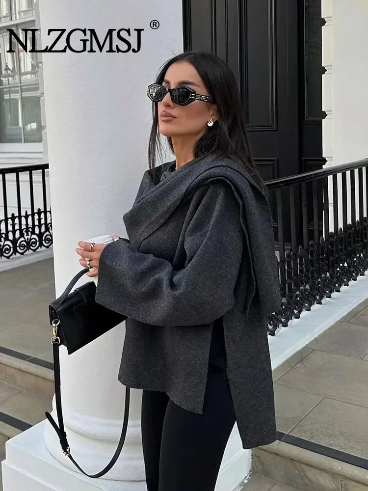 TRAF 2023 Winter Women's Scarf Coat – Long Sleeve, Knitted Asymmetric Jacket, Streetwear Casual Outerwear