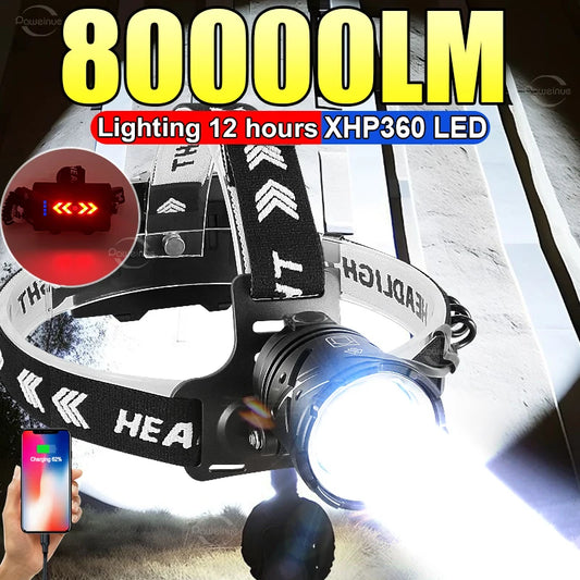80,000LM Powerful XHP360 LED Headlamp – USB Rechargeable Ultra Bright Headlight Flashlight, Large Aperture Camping & Fishing Head Lantern Waterproof Outdoor Torch