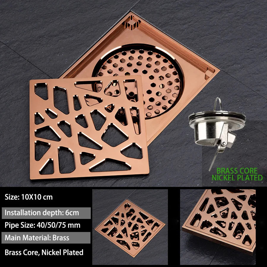 Luxury Brass Floor Drain — 10x10CM Carved Anti-Odor & Insect-Proof Drain for Shower, Bathroom & Balcony