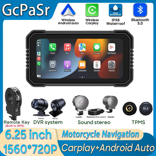 6.25-Inch Motorcycle GPS Navigation Screen with Wireless CarPlay & Android Auto – 1560x720 Resolution, Motor DVR Monitor, TPMS Optional