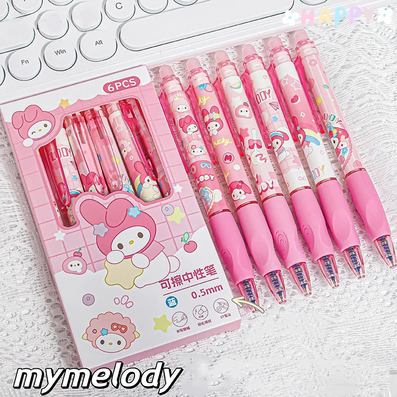 6PCS Sanrio Erasable Gel Pens – Pochacco, Kuromi, Cinnamoroll & Hello Kitty Neutral Ballpoint Pens for Students & Office