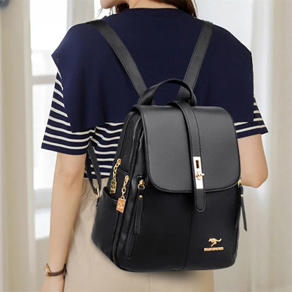 Luxury Leather Backpack for Women - Vintage Black Daypack, Casual School Bag for Girls, Mochila Rucksack Style