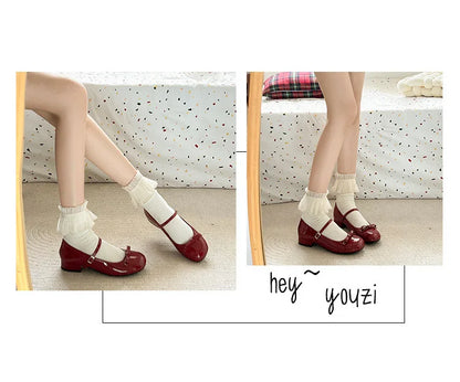 Spring Autumn Wine Red Mary Jane Shoes – Women’s Low Heel Leather Flats with Butterfly Knot & Round Toe