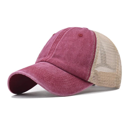 Vintage Washed Cotton Cap - Denim Mesh Baseball Hat with UV Protection for Women