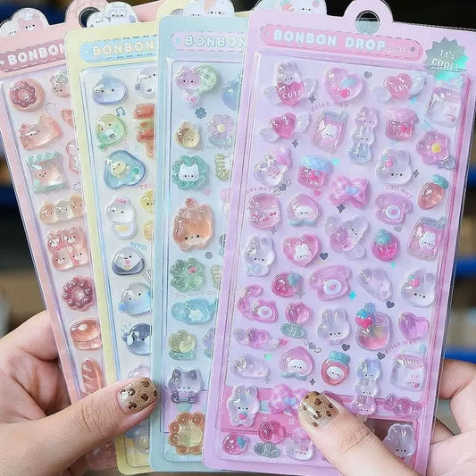 3D Relief Jelly Stickers - Cute Cartoon Animal Candy Ghost Rabbit DIY Stickers for Phone Case, Diary & Stationery Decor
