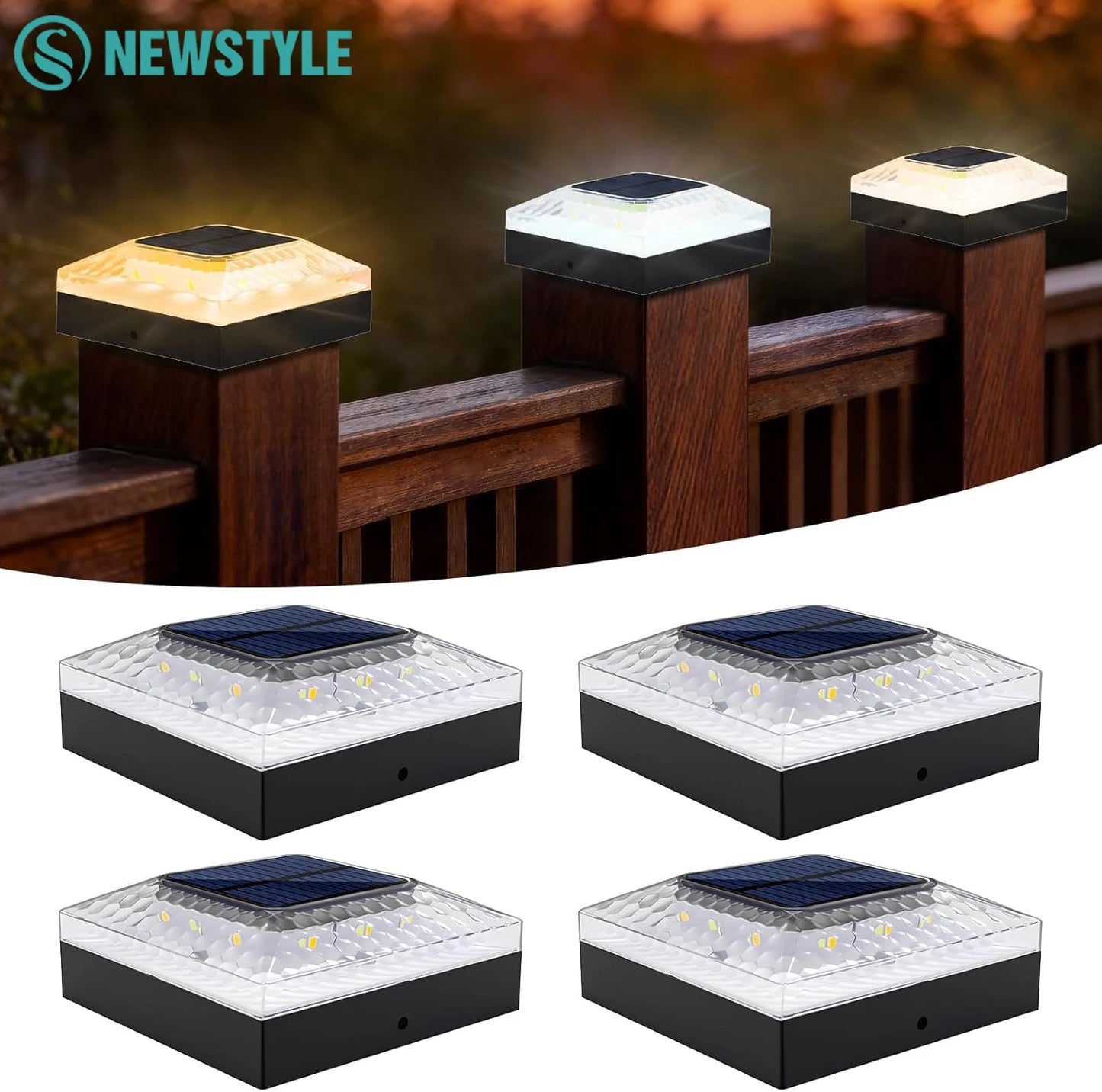 1/4PCS Solar Post Cap Lights - IP65 Waterproof Fence Topper LED Lights with 3 Color Modes for 4x4 Vinyl & Wood Posts