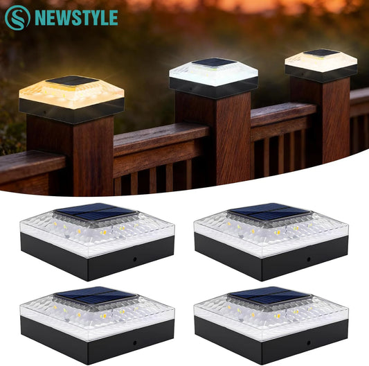 1/4PCS Solar Post Cap Lights - IP65 Waterproof Fence Topper LED Lights with 3 Color Modes for 4x4 Vinyl & Wood Posts