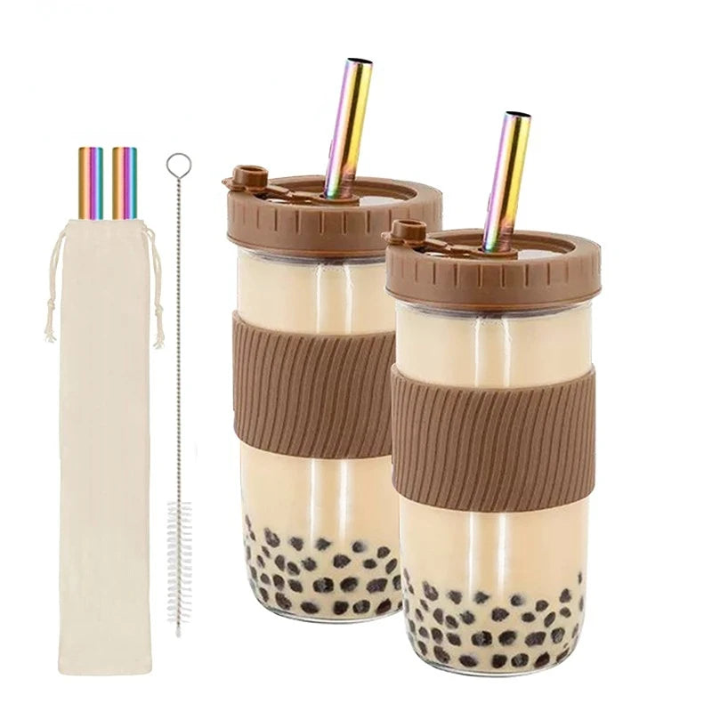 2Pcs Reusable Colored Plastic Water and Coffee Cups with Sealed Lids and Straws - Perfect for Family Travel