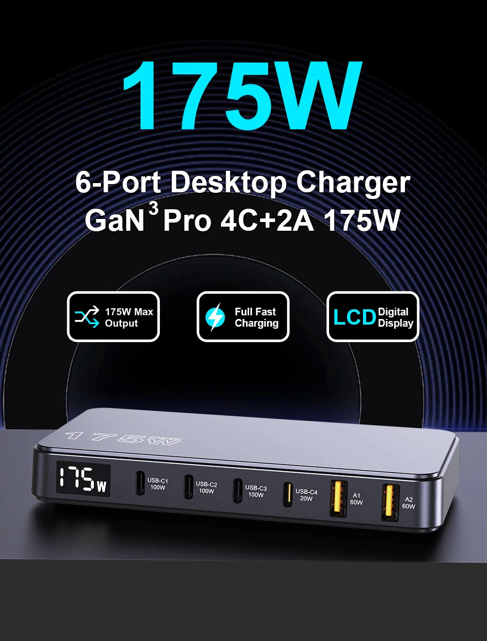 Ueetop 175W GaN USB-C Charger – 6-Port Desktop Charger with LED Display, PD 100W, PPS 45W Fast Charging for MacBook, Samsung, iPhone