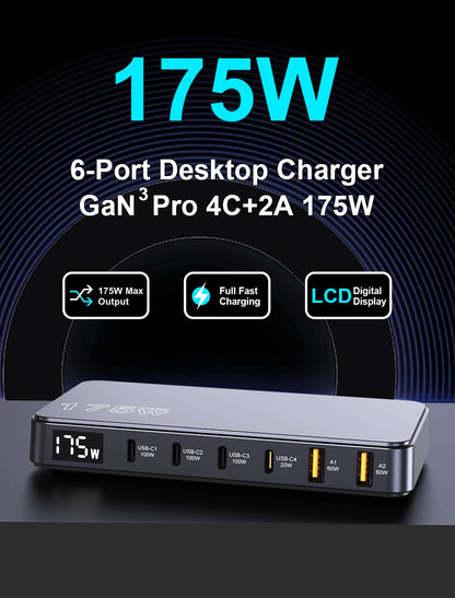 Ueetop 175W GaN USB-C Charger – 6-Port Desktop Charger with LED Display, PD 100W, PPS 45W Fast Charging for MacBook, Samsung, iPhone