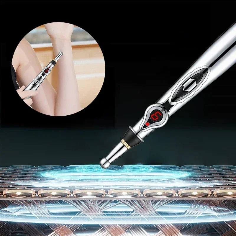 Electric Massage Pen – Adjustable Battery-Powered Muscle Relaxer for Body, Back & Hands, Silver