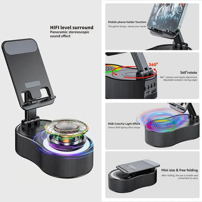 360° Rotatable Phone Stand with Bluetooth Speaker - RGB Light & Height-Adjustable Cell Phone Holder