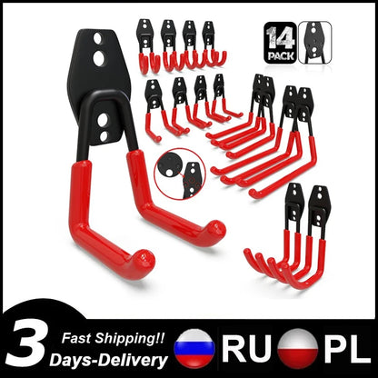 Heavy-Duty 14-Piece Garage Hook Set - Wall-Mounted Organizer for Bicycles, Ladders, and Garden Tools, Anti-Slip Storage Hangers for Home and Garden