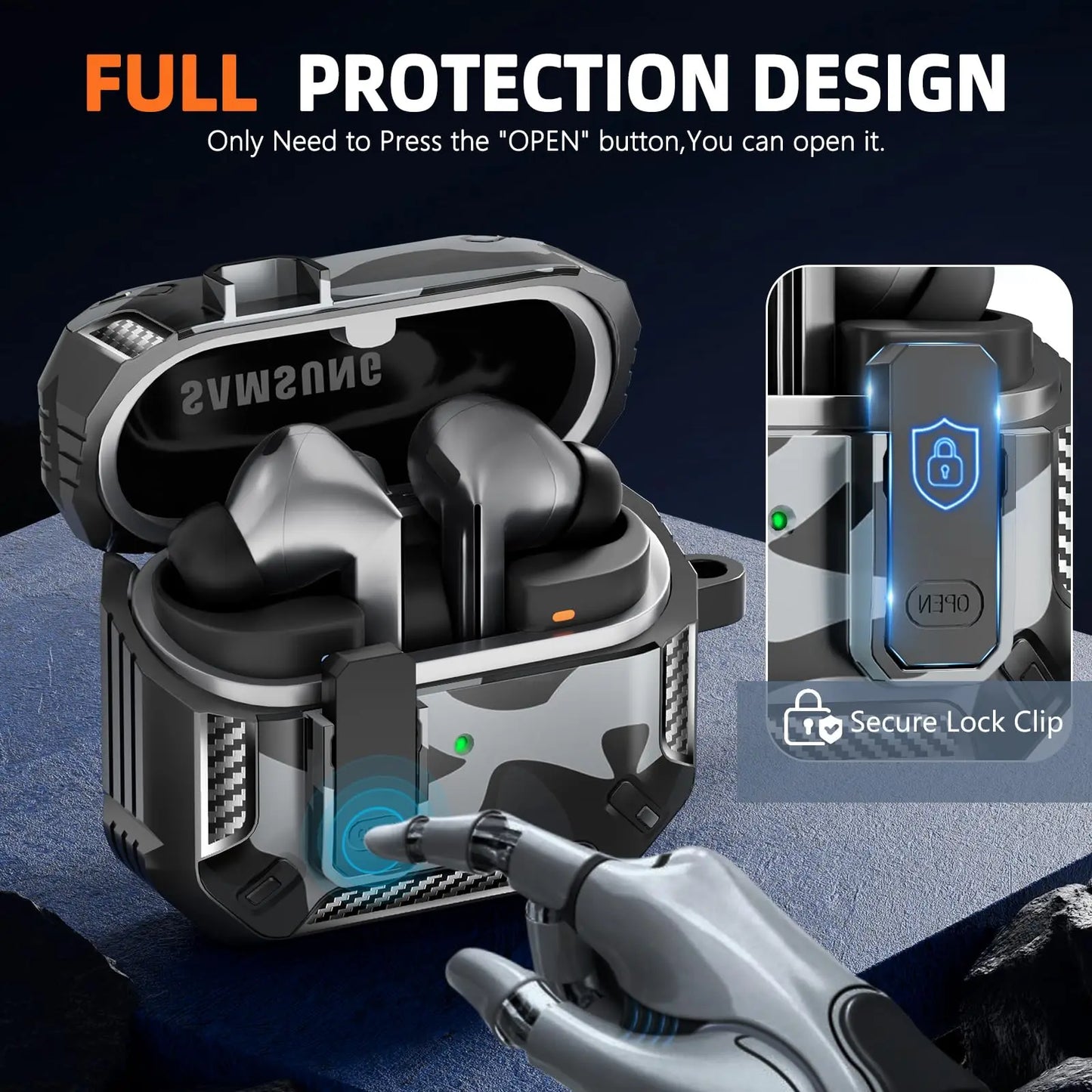 Shockproof Carbon Fiber Camouflage Case for Galaxy Buds 3 Pro – Secure Lock Clip & Cleaning Kit Included – Full Body Protective Cover