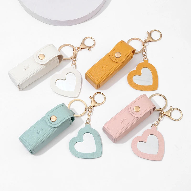 Portable Leather Lipstick Bag – Makeup Pouch with Mirror, Lip Balm Holder & Keychain Cover