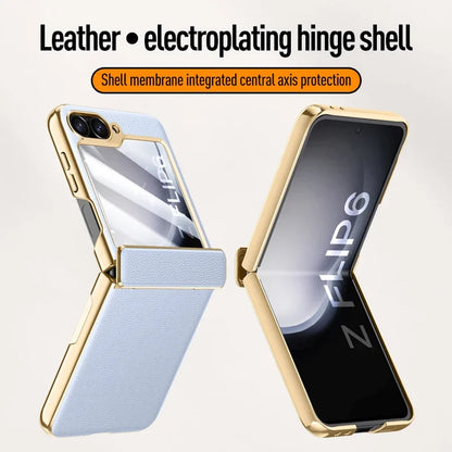Electroplated Leather Case for Samsung Galaxy Z Flip 6/5 – Skin-Friendly Shockproof Hinge Cover with Tempered Film