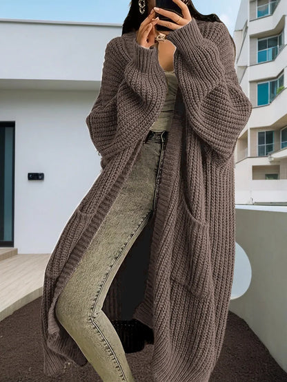 Solid Color Casual Knit Sweater Long Cardigan Coat – Women's Autumn & Winter Lazy Loose Knitwear Coat with Pockets, Y2K Style
