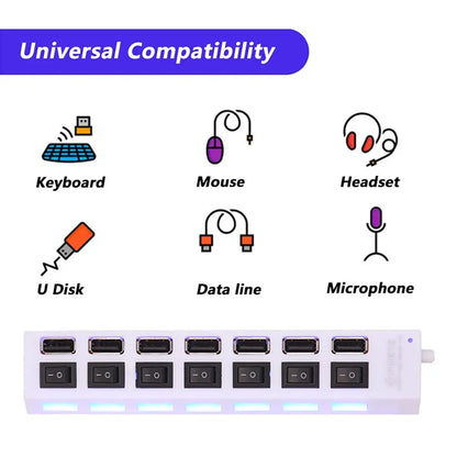 7-Port USB 2.0 Switch Extension Hub — One-to-Seven USB Splitter for PC, Laptop & Desktop