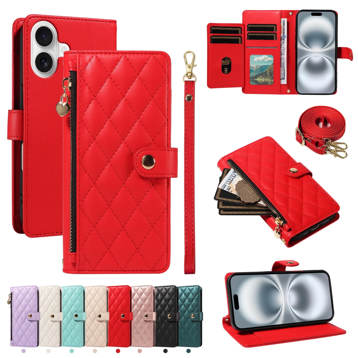 Crossbody Leather Wallet Case for iPhone – Zipper Card Slot Bag with Rhombus Design for iPhone 16/16 Pro Max/15/14/13/12/11/SE 2022