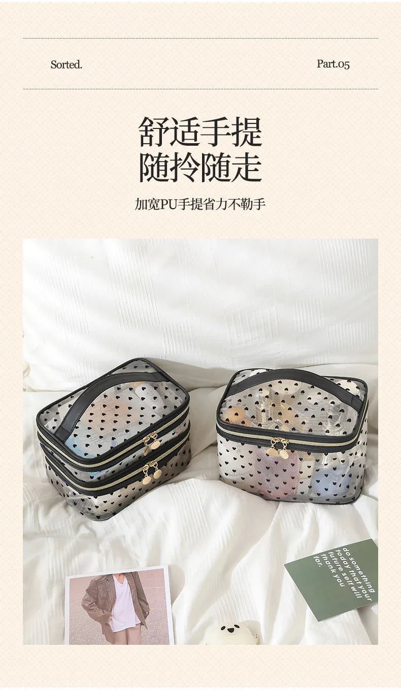 Double-Layer Black Mesh Cosmetic Bag – Large Capacity Travel Makeup Case Organizer with Zipper Toiletry Pouch