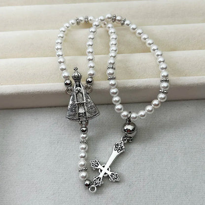 Vintage Virgin Mary Rosary Bracelet – Imitation Pearl Beaded Magnetic Our Lady of Aparecida Cross Prayer Jewelry Gift for Women & Faith Wear