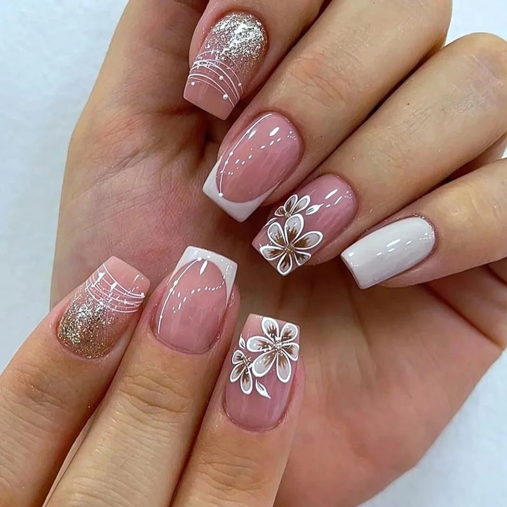 24PCS Short Press On Nails - Shimmer Ballet French Full Cover Artificial Nail Tips for Daily Manicure Style