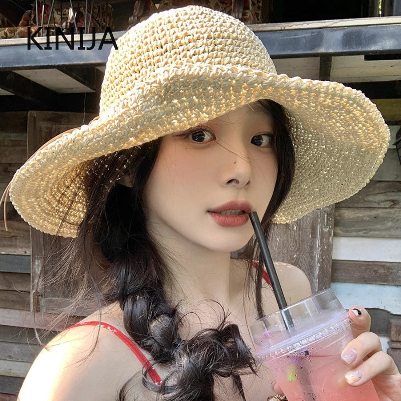 Women’s Holiday Beach Sun Hat – Large Brim Woven Straw Fisherman Hat with Bow, Seaside Sun Protection Panama Chapeau Korean Style