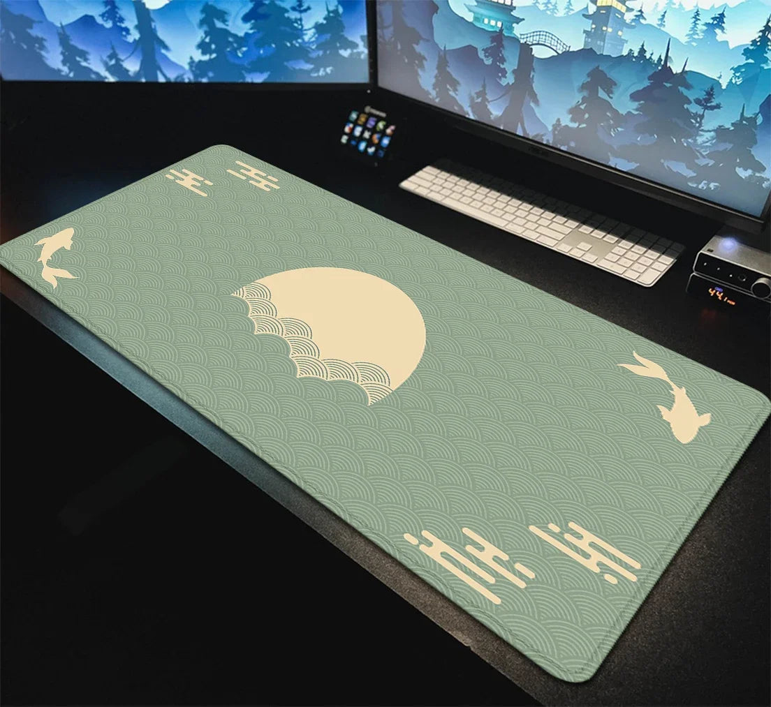 Japanese XXL Desk Mat 90x40 — Black & Red Koi Fish Gaming Mouse Pad, Sunrise Art Rubber Mousepad