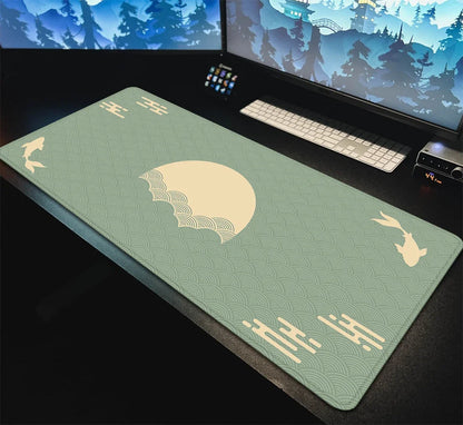 Japanese XXL Desk Mat 90x40 — Black & Red Koi Fish Gaming Mouse Pad, Sunrise Art Rubber Mousepad