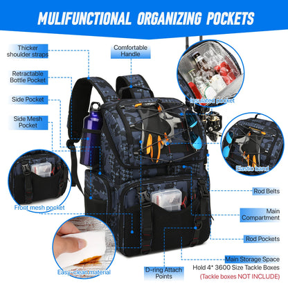 45L Fishing Backpack - Cooler Tackle Storage Bag with Rod Holders & Rain Cover for Camping, Hiking & Outdoor Fishing