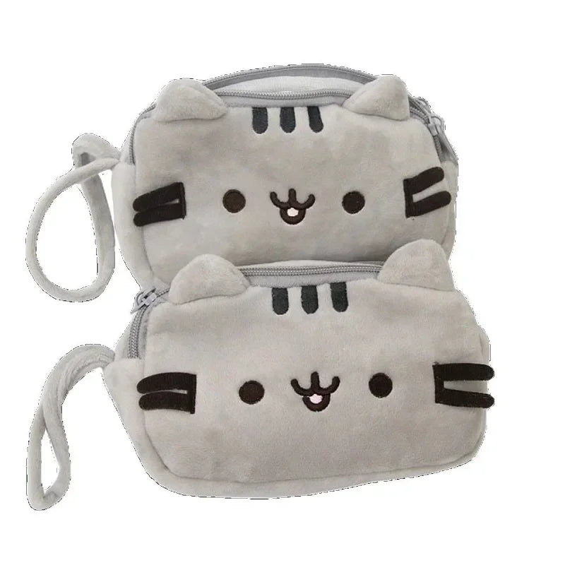 Cute Fat Cat Makeup Bag - Kawaii Double-Layer Storage Pouch, Plush Cartoon Pencil Case, and Portable Wristlet Gift for Kids