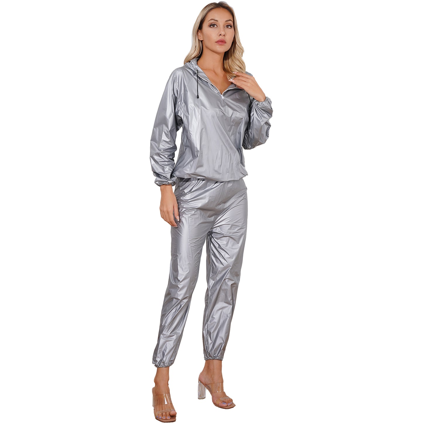 Unisex PVC Sauna Suit — Long Sleeve Top & Elastic Waistband Pants for Men & Women, Slimming Fitness Workout Outfit
