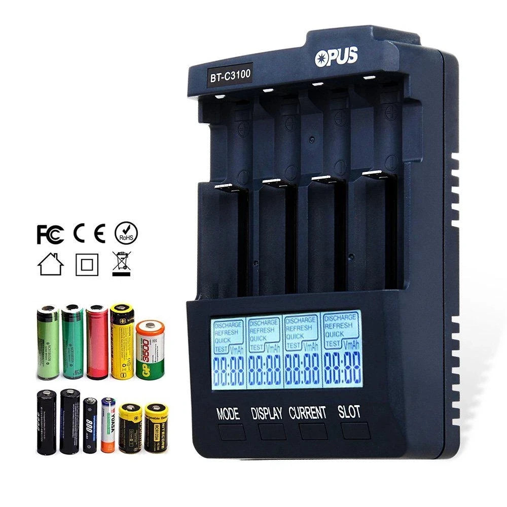 OPUS BT-C3100 V2.2 Universal 4-Slot LCD Smart Battery Charger – Rechargeable Battery Replenisher & Accessories
