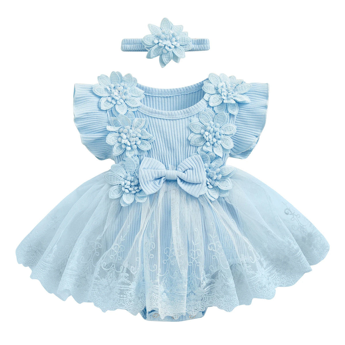 3D Flower Baby Girls’ Romper - Princess Mesh Lace Ruffle Bodysuit Dress with Headband