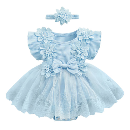 3D Flower Baby Girls’ Romper - Princess Mesh Lace Ruffle Bodysuit Dress with Headband