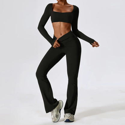 2PCS Seamless Women’s Yoga Set – Long Sleeve Crop Top & Leggings Workout Outfit, Athletic Gym Sportswear