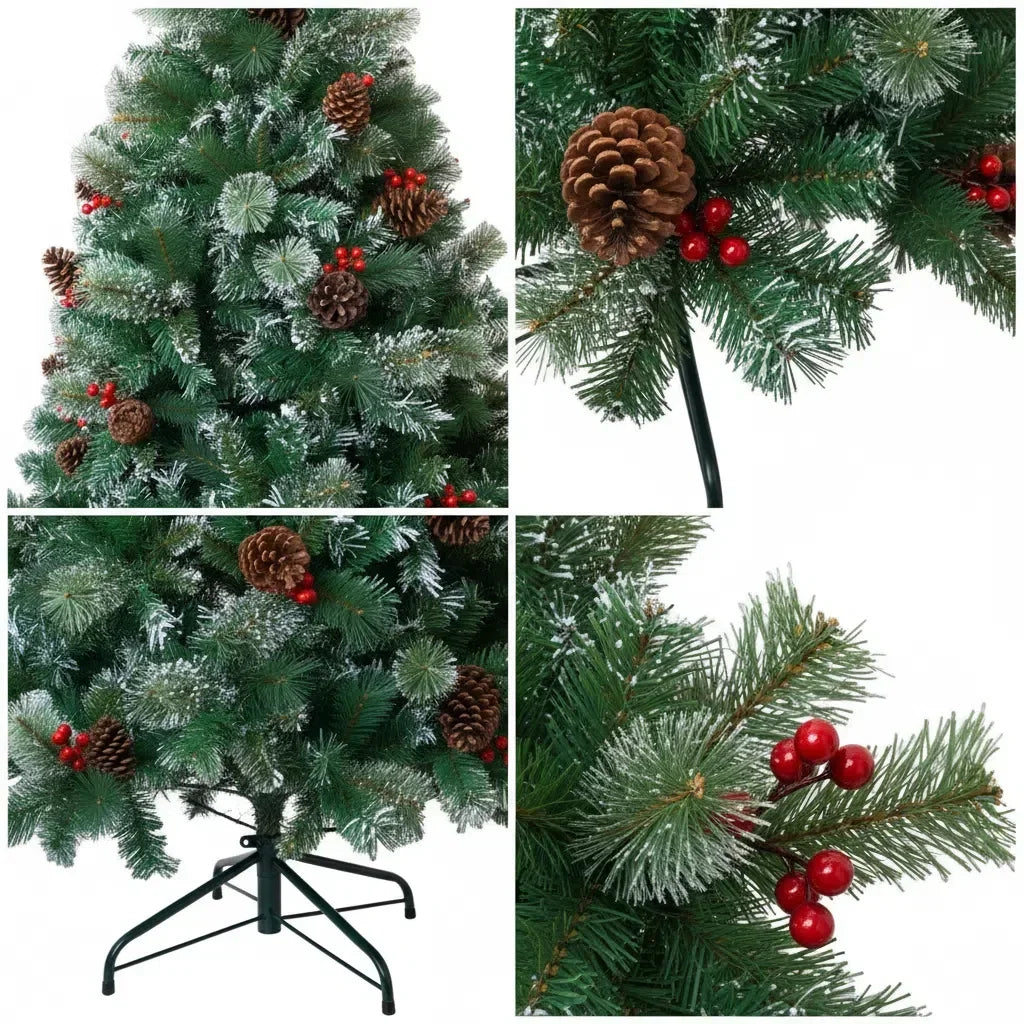 6/7FT Realistic Green Artificial Christmas Tree – Unlit with Pinecones & Holly Berries, Quick Setup with Metal Stand