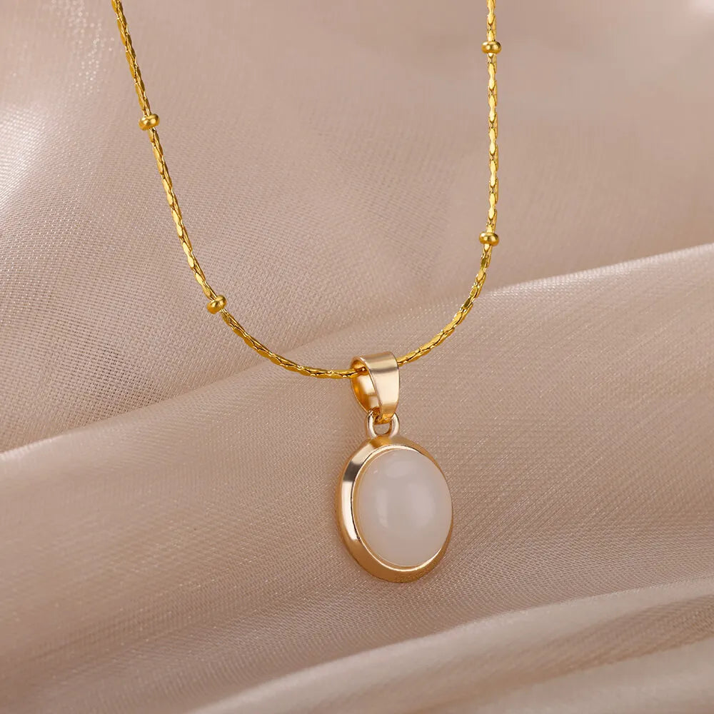 Fashion Opal Oval Necklace for Women – Gold Stainless Steel Pendant, Aesthetic Wedding Jewelry Gift