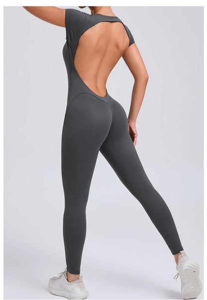 Women’s One-Piece Padded Backless Yoga Romper – Quick-Dry Workout Bodysuit & Sports Jumpsuit
