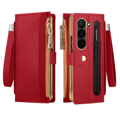 Leather Card Wallet Case with S Pen Slot for Samsung Galaxy Z Fold 6/5/4/3/2 — Multifunctional Zipper Protection Cover