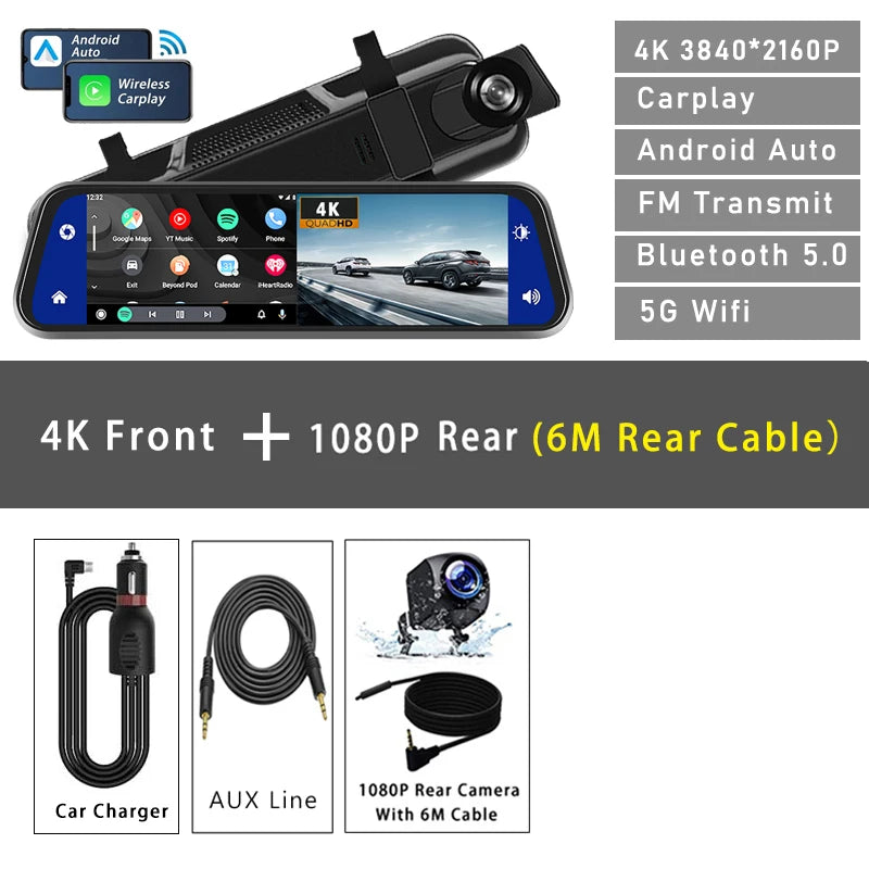10" 4K Dash Cam Car DVR – 3840x2160P, CarPlay, Android Auto, GPS, 5G WiFi, AUX, Rearview Mirror Dash Camera, FM Recorder