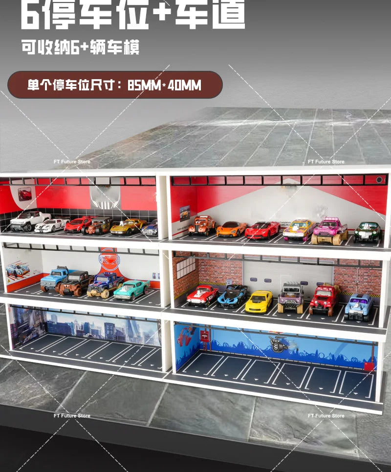 1:64 Scale Garage Scene Model with Lights – Assembled Parking Lot Diorama for Miniature Car Display
